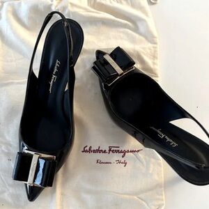 Salvatore Ferragamo black patent slingback pumps minimalist luxury gold buckle